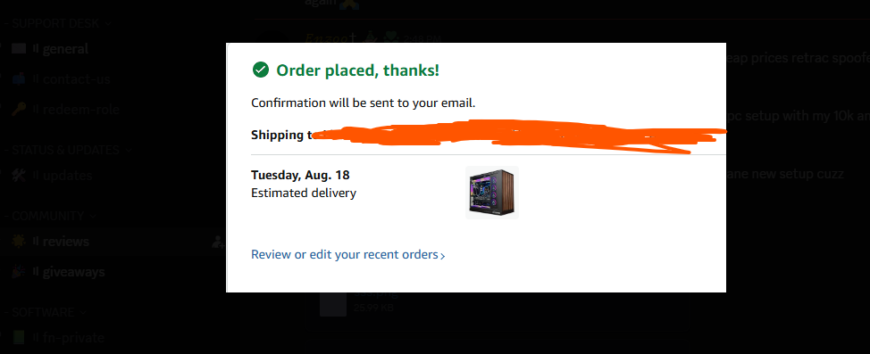 Amazon order confirmation for gaming PC